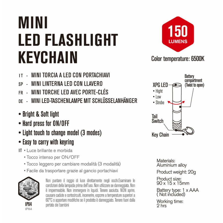 Mini Torcia LED A Pressione Con Portachiavi, 2 Pezzi, Ultra Luminosa, Plastica ABS, Impermeabile, Per Campeggio E Uso Quotidiano (Nera)