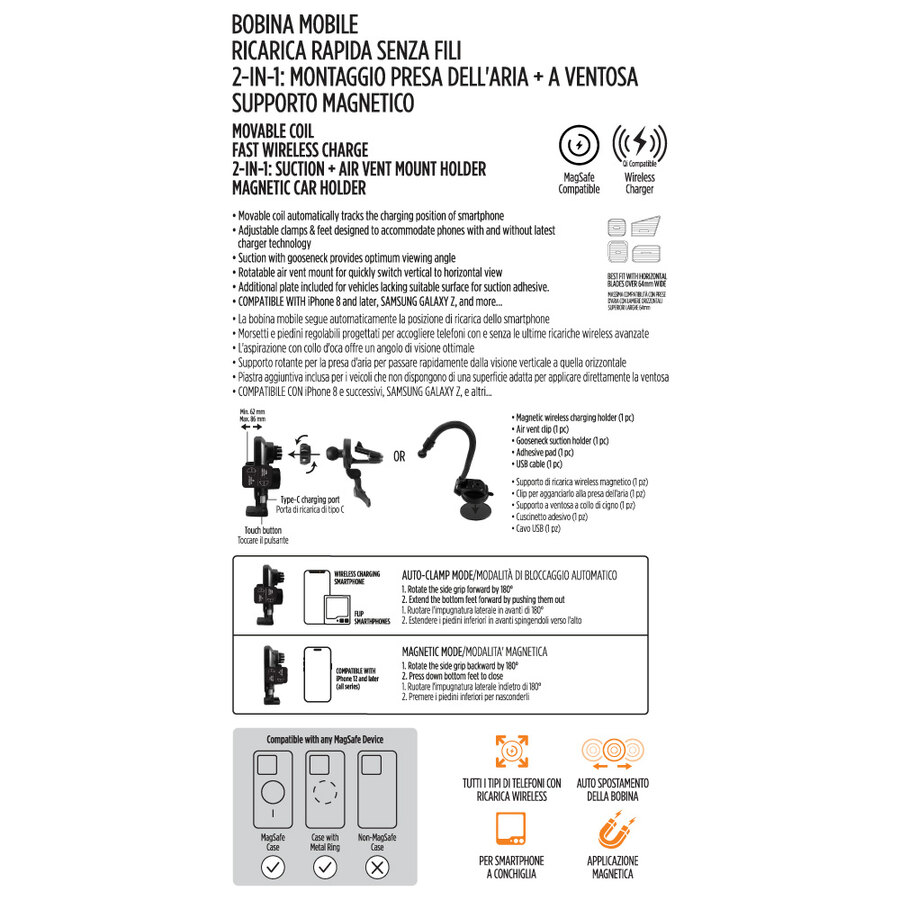 Caricabatterie Wireless Auto C10 - Supporto Telefono A Ricarica Rapida, Girevole 360°, Touch Anti-Errore