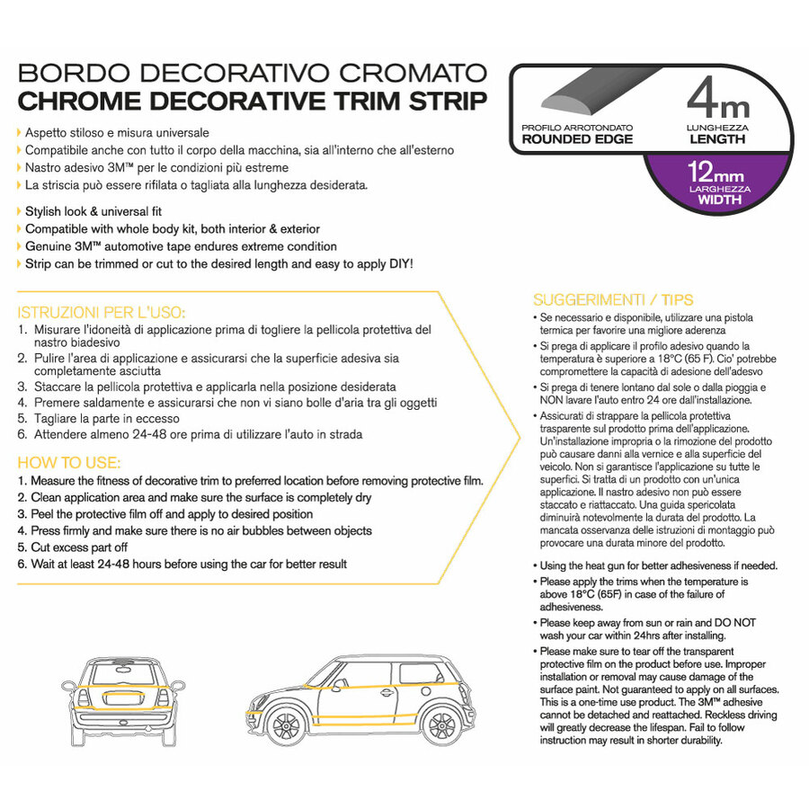 KIT 4 METRI Bordino Gocciolatoio Profilo Cromato Per Fiat 500 F L R D